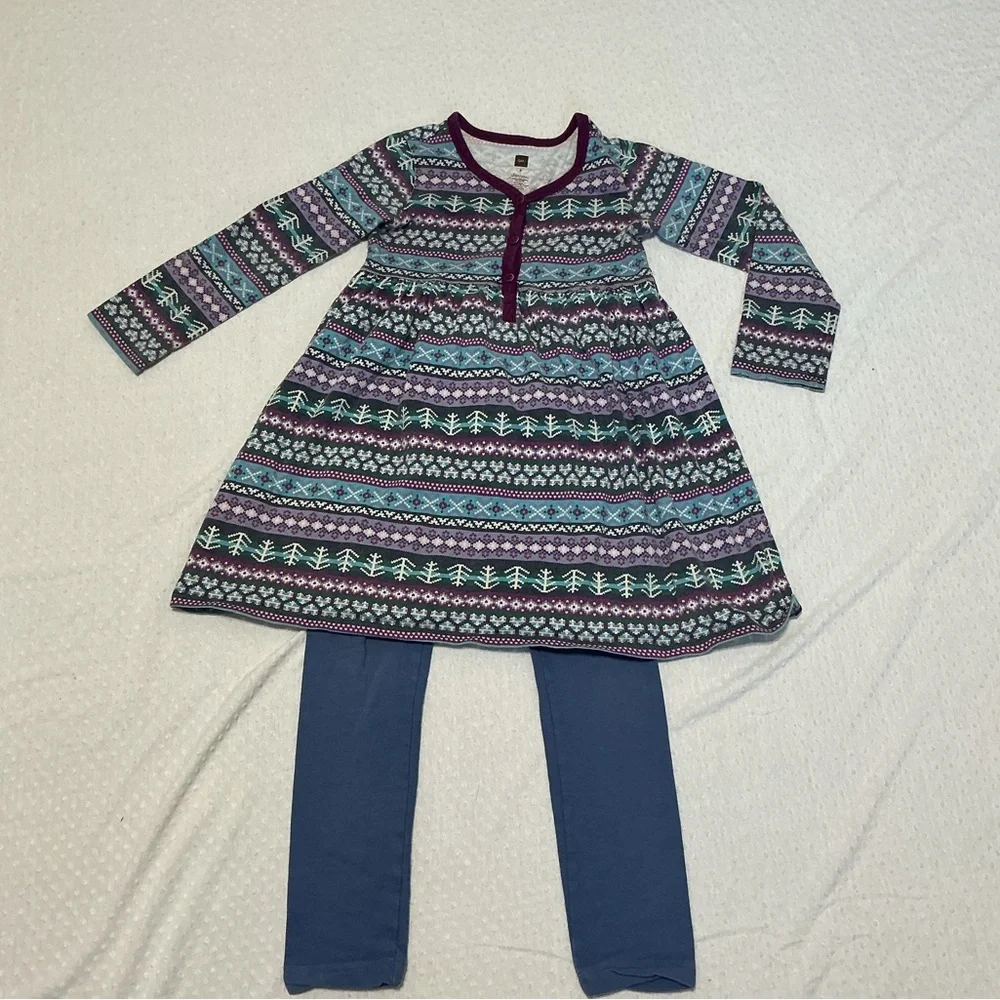 TEA COLLECTION Blue Purple Fair Isle Tunic Dress & Leggings Girl's size 5